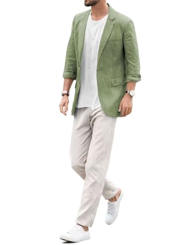 HUUTOE Summer Blazers for Men Mens Linen Blazer Jacket Mens Blazers and Sport Coats Sage Linen Blazer Men Mens Linen Blazer Two Button, Sage Green
