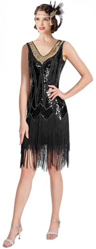 Image of Women Flapper Dresses 1920s V Neck Beaded Fringed Great Gatsby Club & Night Out Dresses