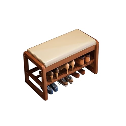 Zapatero de teca con cojín de madera de 1 nivel, para sala de estar y pasillo, diseño elegante que ahorra espacio (55 x 34 x 42 cm)