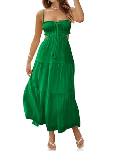 Fisoew Women's Spaghetti Strap Maxi Dress Summer Sleeveless Side Cut Out Dress Casual Boho Backless Flowy Long Dresses Grass Green