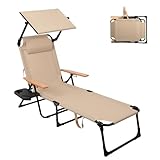 YUODIJIO Chaise Longue Pliable Inclinable 4 Positions Transat, Charge Max 150KG, Transat Pliant Légère et Pliable, Fauteuil Relax Jardin pour Jardin Terrasse Piscine Plage Camping (Beige avec auvent)