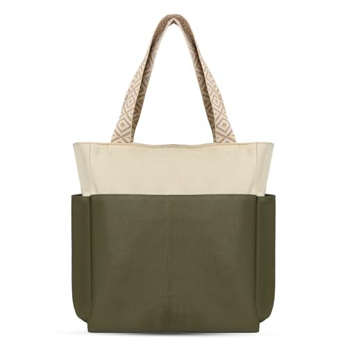 شنطة يد قماشية مصنوعة يدويًا - شنطة كتف وشنطة كروس ذات سعة كبيرة مع مساحات بسوستة إغلاق ومقابض أنيقة مصنوعة يدويًا - للعمل واللاب توب والاستخدام اليومي للنساء من دي بيل™ (بيج، زيتي)
