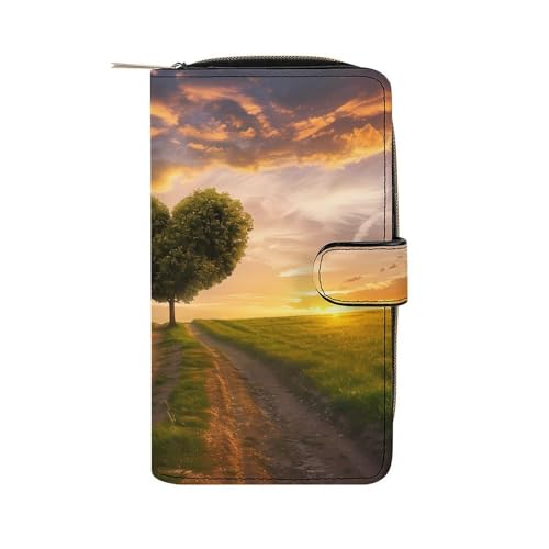 Heart Shape Tree In Sunset Leather Long Pouch Wallet for Men And Women Large Capacity Clutch Cash Wallet with Zippered