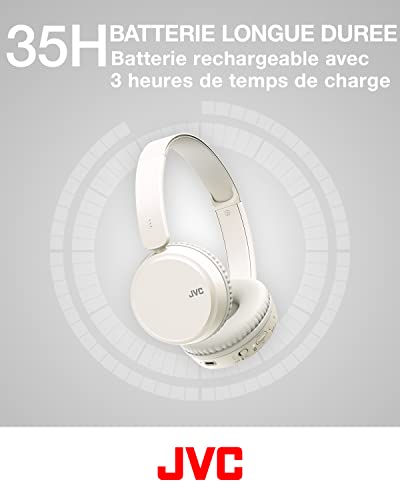 JVC Casque sans Fil Supra-aural, 3 Modes sonores(Basse/Clair/Normal), 35H d'autonomie, Léger, Structure pivotante et Pliable à Plat, Connexion Multipoint, Bluetooth, HA-Z37W-W (Blanc)