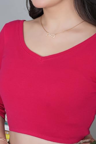 Image of Mlada V-Neck Stretchable Saree Blouse Top for Women | Slim Fit 3 /4th Sleeves Solid Cotton Blouses | Readymade Saree Blouses for Women Festive & Ethnic | Blouse Crop Top