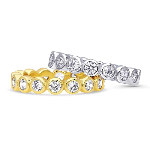 BERRICLE Sterling Silver Bubble Wedding Rings Bezel Set Round Cut Cubic Zirconia CZ Eternity Ring Set for Women, Rhodium Plated and Yellow Gold Flashed Size 4-10