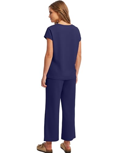 Image of Saloogoe Two Piece Sets for Women Summer Outfits Lounge Sets V Neck Tops Wide Leg Pants Woman Vacation Travel Outfits