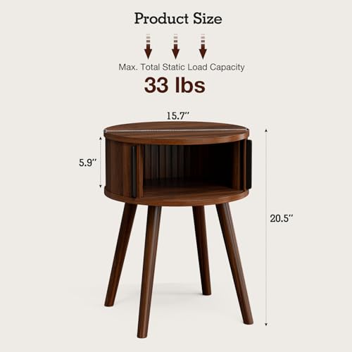 Image of ZttRiee Round Side Table with Sliding Doors, Mid-Century End Table, Walnut