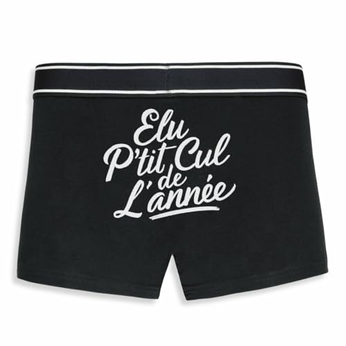La French Touch Boxer Homme Humour Élu p'tit Cul de l'année - Imprimé en France - Caleçon Homme Drole et Rigolo - Cadeau Humour Anniversaire Original (Noir, M)
