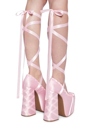 Dolls Kill Sweet Sonata Ballet Wrap Heels by Sugar Thrillz – Satin Platform Heels with Lace-Up Ribbons & Bow3