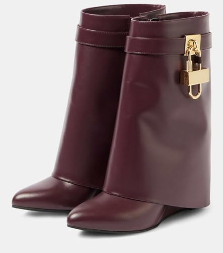 Women's Fold Over Boots Shark Lock Wedge Boots Pointed Toe Ankle Boots Fashion Trendy Wide Calf Dress Boots in Black, Brown, Wine Red Short Booties3