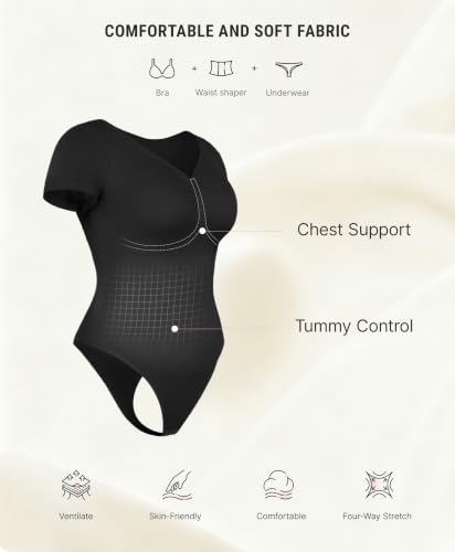 Image of FeelinGirl Short Sleeve Shapewear Bodysuit for Women V Neck Tummy Control