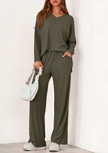 PRETTYGARDEN 2 Piece Lounge Sets for Women Fall Outfits 2025 Casual Loose Long Sleeve Tops Wide Leg Pants Matching Pajama Set