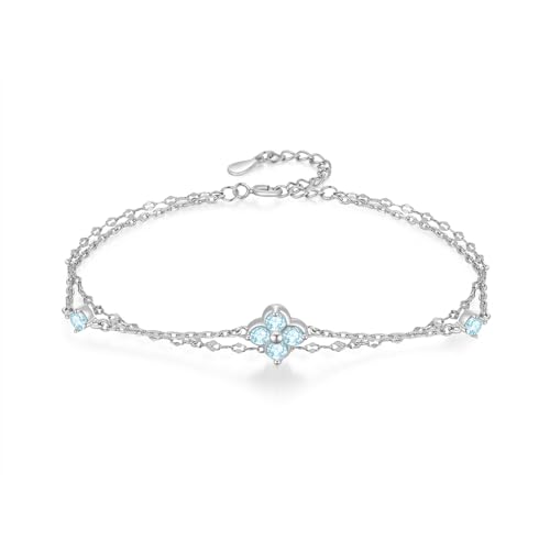 PHNIBIRD Aigue Marine Bracelet Argent Femme Bracelet Trèfle à Quatre Feuilles Cadeau Femme Anniversaire