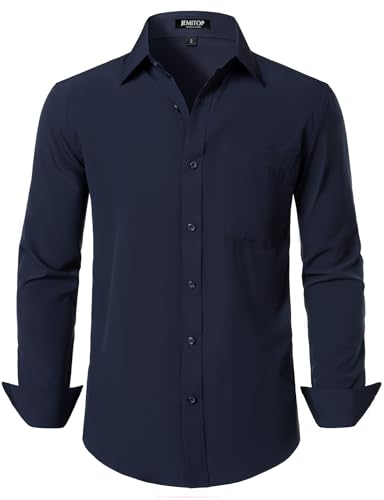 JEMITOP Men Stretch Business Casual Dress Shirts Navy Blue S