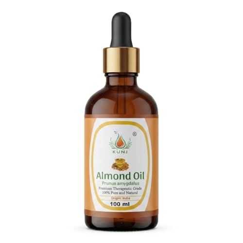 Image of KUNJ Almond Oil (Prunus Amygdalus) 100ML - 100% Pure & Natural, Cold Pressed, Undiluted Carrier Oil for Face Glow, Skin Moisturizing, Hair Nourishment, Body Care & Aromatherapy Massage