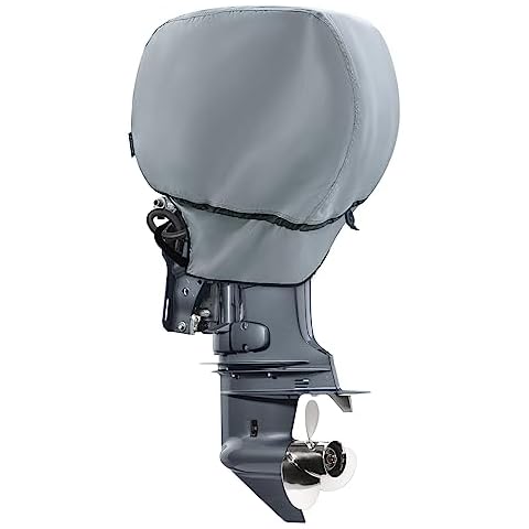 STEECA Waterproof Outboard Motor Cover 600D Fade Resistant Boat Engine Hood Cowling Cover Fits Motor 225-300 HP, Grey Cover