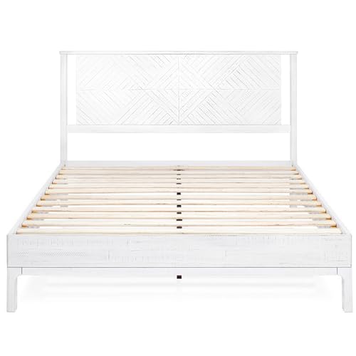 Image of Bme Ethan Solid Wood King Bed Frame with Diamond Headboard - Rustic & Mid-Century Modern - Acacia Wood Platform Bed - Compatible with All Mattresses - No Box Spring Needed - Rustic White