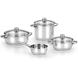 Cazuelas Monix Monix Optima 2 Batería de 7 Piezas Acero INOX 18/10 Apta para Todo Tipo de Cocina e Inducción: Olla 20 cm Cacerola 20 y 24 cm Cristal y cazo 16 cm sin Tapa
