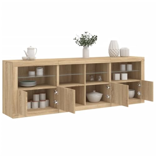 Nqyjm Mueble de almacenamiento con puertas y estantes aparador con luces LED roble Sonoma 202 x 37 x 67 cm, armario lateral armario para comedor, cocina, sala de estar, dormitorio