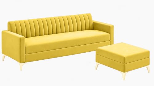 Image of AMATA Falcon ele 4 Seater Fabric Suede Velvet Yellow Colour Sofa Set with Four Cushions Perfect for Home Office Guests Living Room (Falcon Yellow 01, Falcon 4 Seater l Shape)(3 Year Warranty)