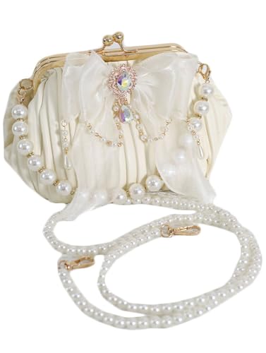 Vintage Kiss Lock Handbag Purse Crossbody Shoulder Bag Evening Bag Small Tote Purse with Bow Pearl Chain for Women
