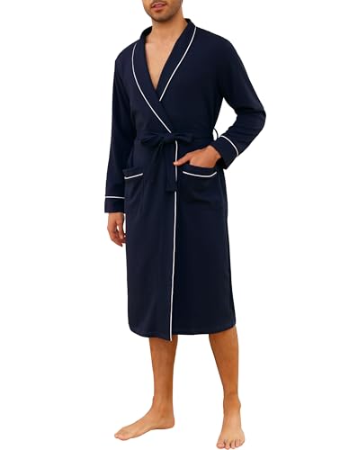 Vlazom Mens Waffle Dressing Gown Lightweight Knit Bathrobe Cotton Blend Soft Kimono Robe with Pockets for All Season Navy Blue M