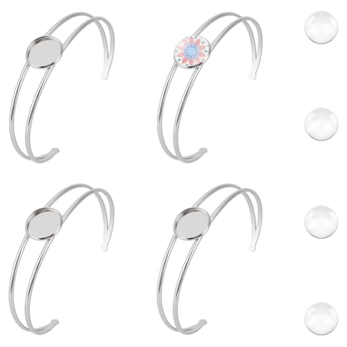 UNICRAFTALE 4 Set Cabochon Armreiffassungen Blank Manschetten Edelstahl Offener Armreif Mit Glas Cabochon Verstellbarer Armreif Mit 14mm Rohlingen Tablett Lünette Für Die DIY Armbandherstellung