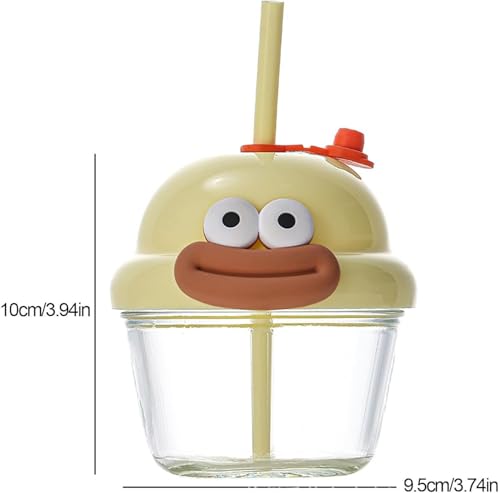 Image of 210ml Cartoon Glass Mug with Lid and Straw, Kawaii Cute Glass Coffee Mug, Bubble Tea Glass Cup, Glass Tumbler for Milk, Juice, Iced Coffee, Smoothie Home & Travel 210ml (Multicolour) 1 Pack.