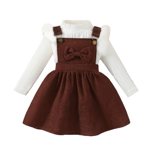 QUNERY Toddler Baby Girl Clothes Long Sleeve Knit Ribbed Tops Bowknot Corduroy Suspender Skirt Dress Outfits Brown 2-3 Years