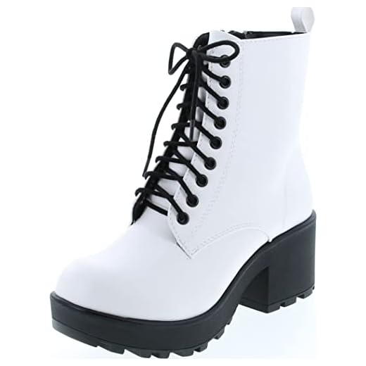 Soda Women's Magpie Faux Leather Lace-Up Combat Mid Heel Military Ankle Boots (6.5, White PU, numeric_6_point_5)