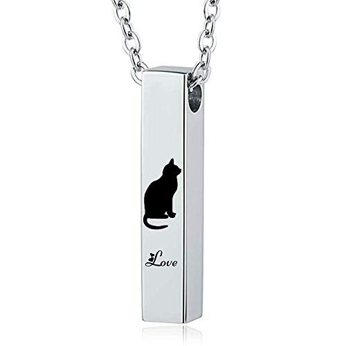 HQ Cremation Pendant Bar Rectangle Black Urn Pendant Necklace Pet Cat-Love Memorial Keepsake Birthstone Crystal Cremation Jewelry (Silver)