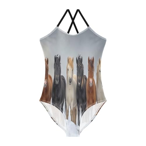 Kids Swim Suits Beach Apparel 3-10 Y with Adjustable Shoulder Strap, Cute Winter Horses