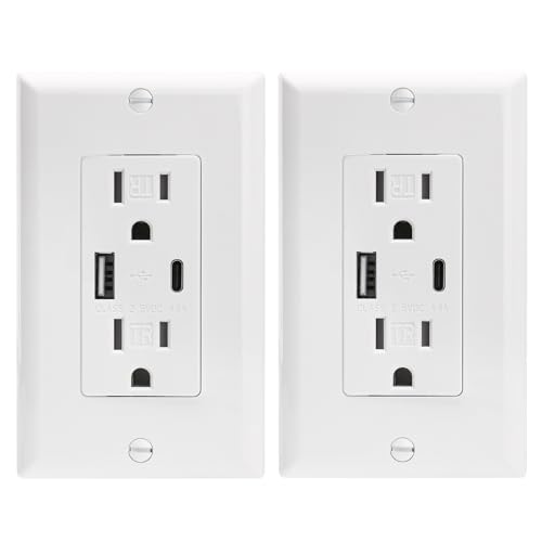 Baomain 2-Pack 15A Tamper-Resistant Duplex Outlet with 4.8A USB Charging (1 USB-C + 1 USB-A) & 2 AC Receptacles, Side/Rear Wire, UL/CUL Listed, Includes White Wall Plate