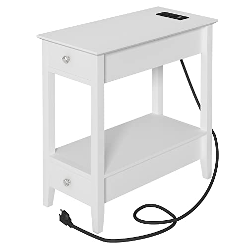 Treocho Side Table With Charging Station, Narrow End Table With Storage, 2-Drawer Nightstand With Usb Ports & Power Outlet, White Sofa Bedside Table For Small Spaces, Living Room, Bedroom #TOP3