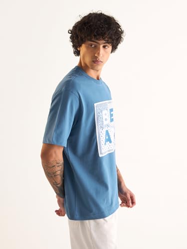 Image of THE BEAR HOUSE Men's Oversize Fit Blue Cotton Printed Polo