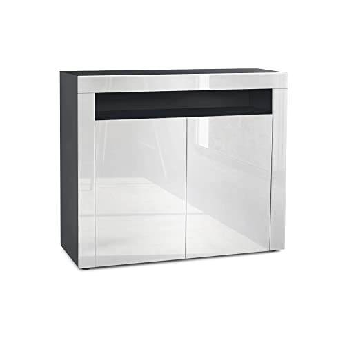 Vladon Buffet Valencia, Commode avec 2 Portes et 1 Compartiment Ouvert, Noir Mat/Blanc Haute Brillance/Blanc Haute Brillance (108 x 92 x 40 cm)