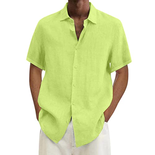 Camisas de ajuste muscular para hombre, camisa de manga corta, doble bolsillo, cuello abatible, camisa con botones para hombre, Reino Unido, amarillo, L