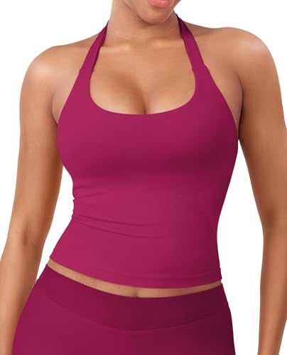 Image of YEOREO SoftHue Women's Impact Halter Tank Top Longline Backless Scoop Neck Built-in Bra Sports Workout Gym Crop Top