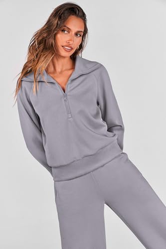 PRETTYGARDEN Women's 2 Piece Outfits Casual Lapel Half Zip Sweatshirts and Wide Leg Pants Tracksuit Sets