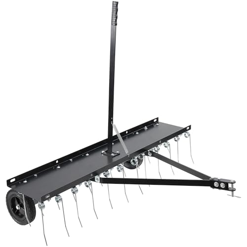 Tow Behind Aerator, 40 inch Lawn Pull Dethatcher with 20 Spring Steel Tines and Lift Handle for...