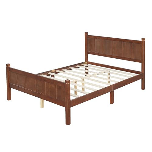 Image of Full Size Vintage Bed Frame with Headboard, Farmhouse Wooden Platform Bed with Under-Bed Storage, Minimalist Modern Wood Grain Finish Bedframe for Bedroom (Dark Walnut)
