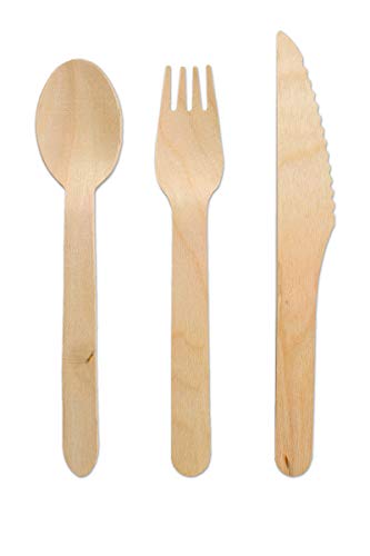 Disposable Wooden Cutlery Set - 300 Pack Biodegradable Cutlery - Contains 100 Wooden Forks, 100 Wooden Spoons, and 100 Wooden Knives - 100% All-Natural Birchwood, Compostable, and Plastic Free