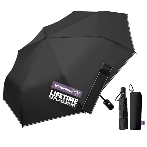 LILAC Compact Travel Windproof Umbrella, 43' Auto Open/Close Folding Quick Dry for Rain, Lightweight Portable Small for Backpack Car, Thoughtful Gift for Women Men Kids, TSA Approved, Black