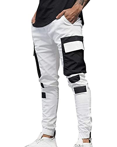 ORANDESIGNE Blanc Homme Pantalons Décontractés Chino Pantalon de Jogging Cargo Pantalon de Sport Coton Taille Élastique Pants Multi Poches Zippé Patchwork Pantalon de Travail Mode Slim Fit B Blanc XL