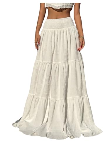 Women's Boho Tiered Ruffle Flowy Maxi Skirt Elastic High Waisted Summer Skirts