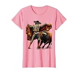 Skeleton Bullfighter vs Charging Bull Mexico Art T-Shirt, Women, Pink, X-Small