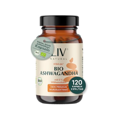 LIV Ashwagandha Kapseln BIO | Ashwagandha KSM-66® Wurzelextrakt, 5% Withanolide | 120 Kapseln, ohne Zusätze, ohne Füllstoffe & Vegan | Für innere Balance, Stressresistenz & Wohlbefinden