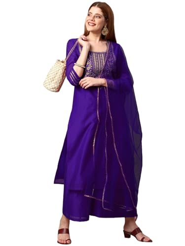 Image of GoSriKi Women's Cotton Blend Solid Straight Kurta with Palazzos & Dupatta (DHARAN)
