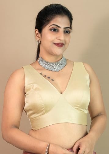 Image of FIGURE'S DESIGNER Women's Dupion Raw Silk Sleeveless V Neck Sabyasachi Cut Readymade Saree Blouse Padded Stitched S4